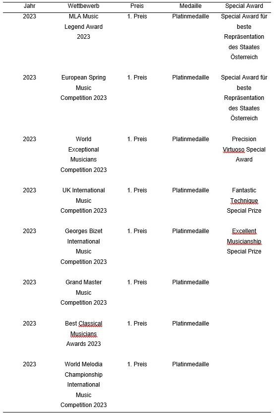 Anhang 3: Auflistung von mir erworbener Preise und Auszeichnungen bei internationalen Wettbewerben und Festivals in den Jahren 2021-2024 in Form einer Tabelle