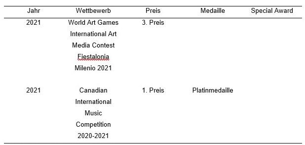 Anhang 3: Auflistung von mir erworbener Preise und Auszeichnungen bei internationalen Wettbewerben und Festivals in den Jahren 2021-2024 in Form einer Tabelle